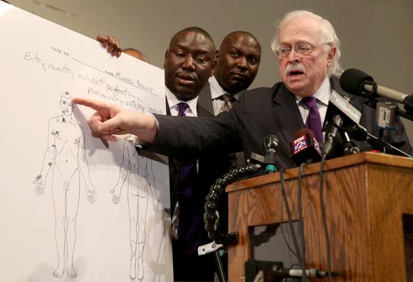 Autopsy diagram showing where the gun shots hit Michael Brown.